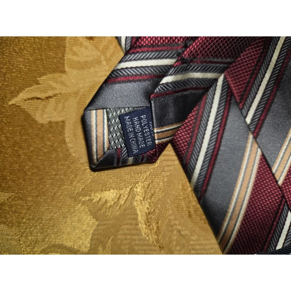 Croft & Barrow Mens Necktie Burgundy Grey Gold Diagonal Striped Polyester Tie